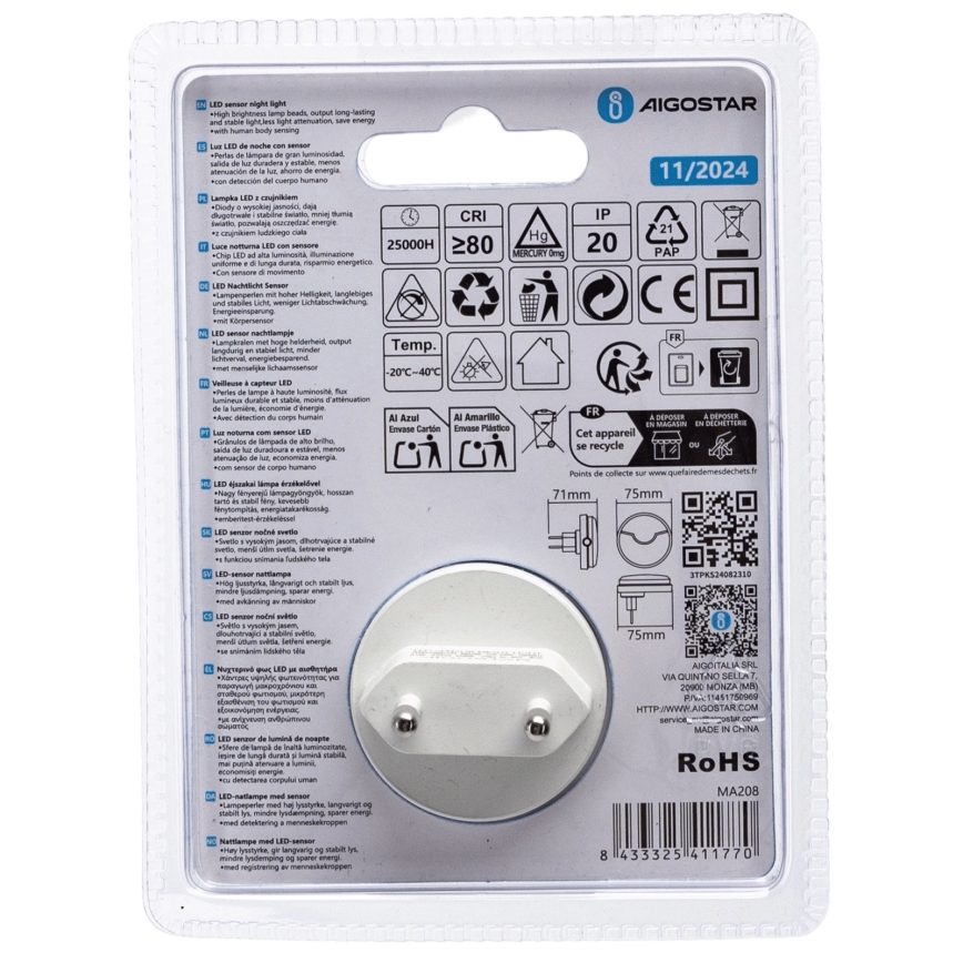 Aigostar - Светодиодный ночник с датчиком освещенности LED/0,5W/230V 6500K