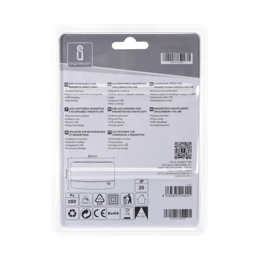 Aigostar - Светодиодный переносной ночник с регулированием яркости LED/1W/5V 6500K + USB