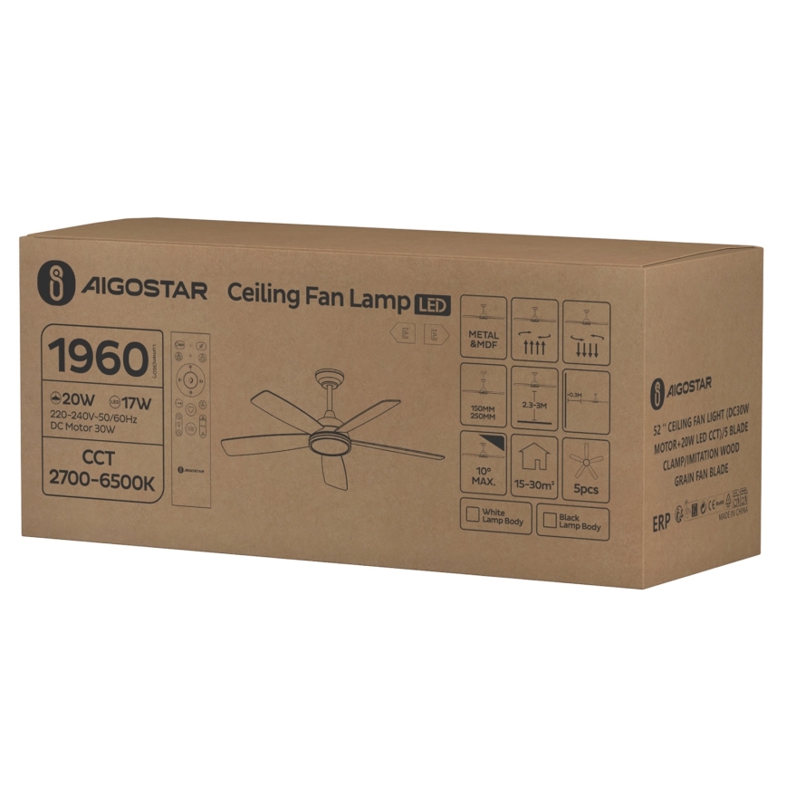 Aigostar - Светодиодный потолочный вентилятор с регулированием яркости LED/20W/230V 2700-6500K 132 см белый/бежевый + дистанционное управление