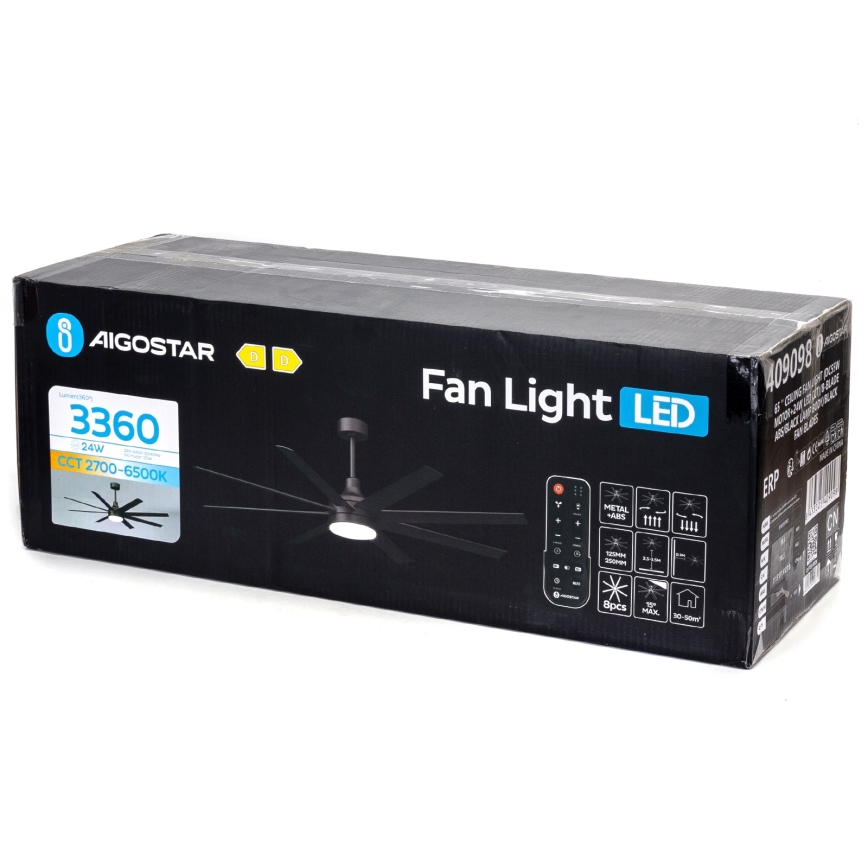 Aigostar - Светодиодный потолочный вентилятор с регулированием яркости LED/24W/230V 2700-6500K 165 см черный + дистанционное управление