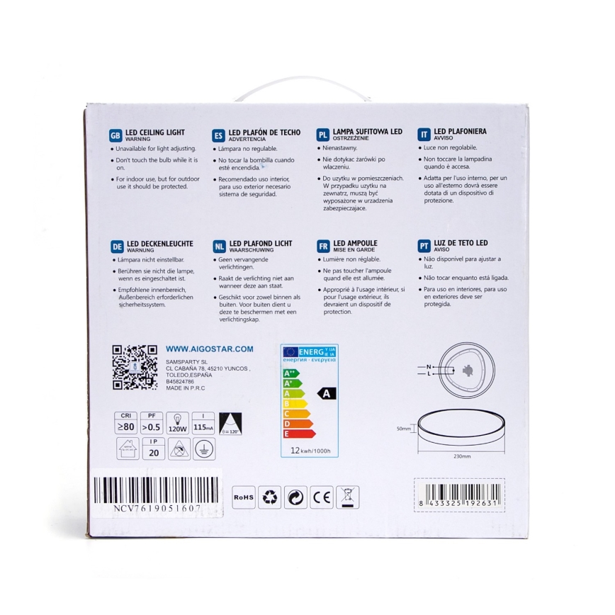 Aigostar - Светодиодный потолочный светильник LED/12W/230V 3000K ⌀ 23 cm черная