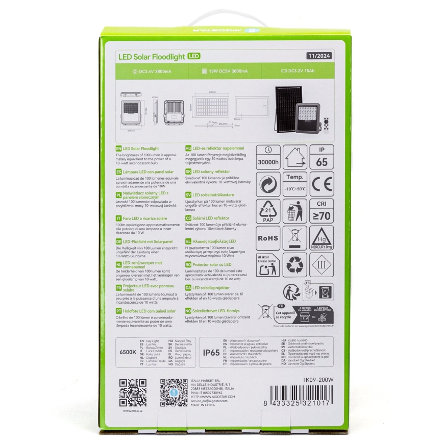 Aigostar - Светодиодный прожектор на солнечной батарее с регулированием яркости LED/200W/3,4V IP65 15000 mAh + дистанционное управление