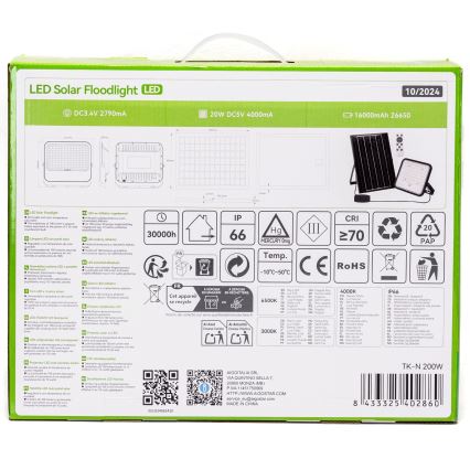 Aigostar - Светодиодный прожектор на солнечной батарее с регулированием яркости LED/200W/3,4V 3000/4000/6500K IP66 16000 mAh + дистанционное управление