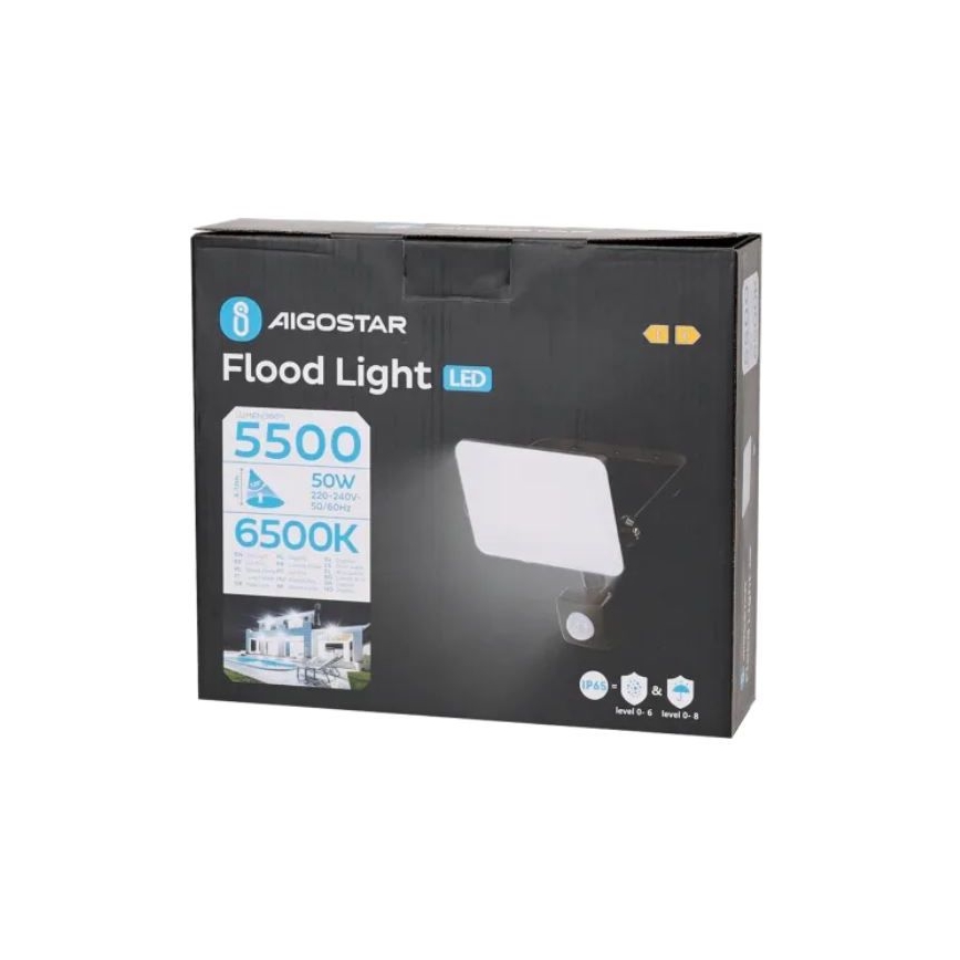 Aigostar - Светодиодный прожектор с датчиком LED/50W/230V 6500K IP65 черный
