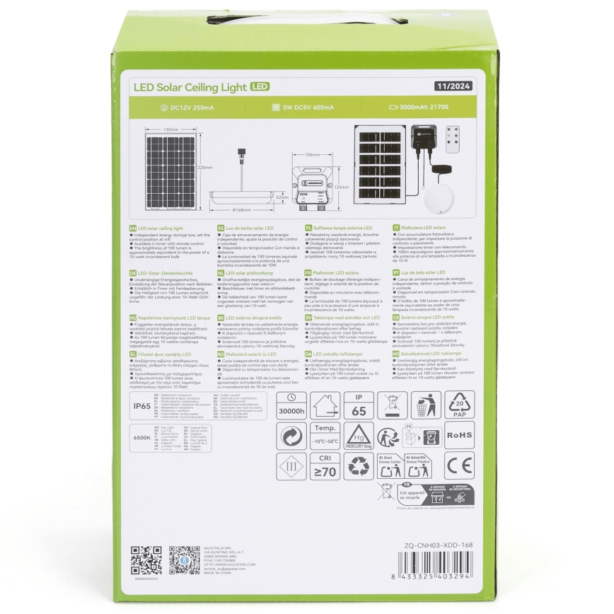 Aigostar - Светодиодный светильник на солнечной батарее LED/35W/12V 3000 mAh 6500K диаметр 16,8 см + дистанционное управление