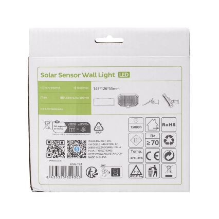 Aigostar - Светодиодный светильник на солнечной батарее с датчиком движения LED/2,4W/3,7V IP65