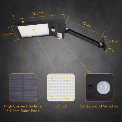 Aigostar - Светодиодный уличный фонарь на солнечной батарее с датчиком LED/2,3W/5,5V 1800 mAh IP65