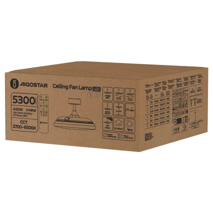 Aigostar - Светодиодный регулируемый потолочный вентилятор LED/50Вт/230В 2700-6500K 106 см белый + пульт дистанционного управления