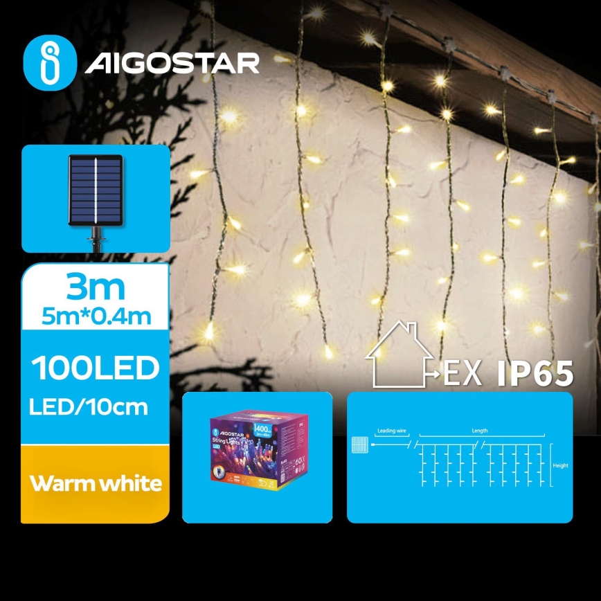 Aigostar - Светодиодная рождественская гирлянда на солнечной батарее 100xLED/8 функций 8x0,4 м IP65 теплый белый