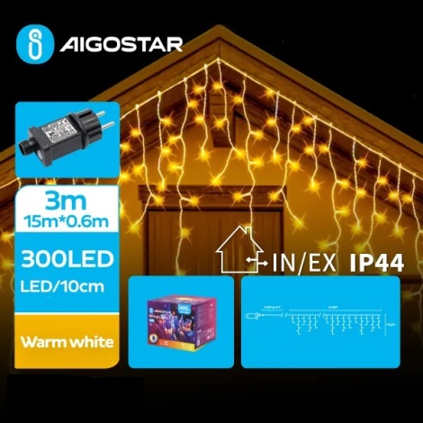 Aigostar - Светодиодная уличная рождественская гирлянда 300xLED/8 функций 18x0,6 м IP44 теплый белый