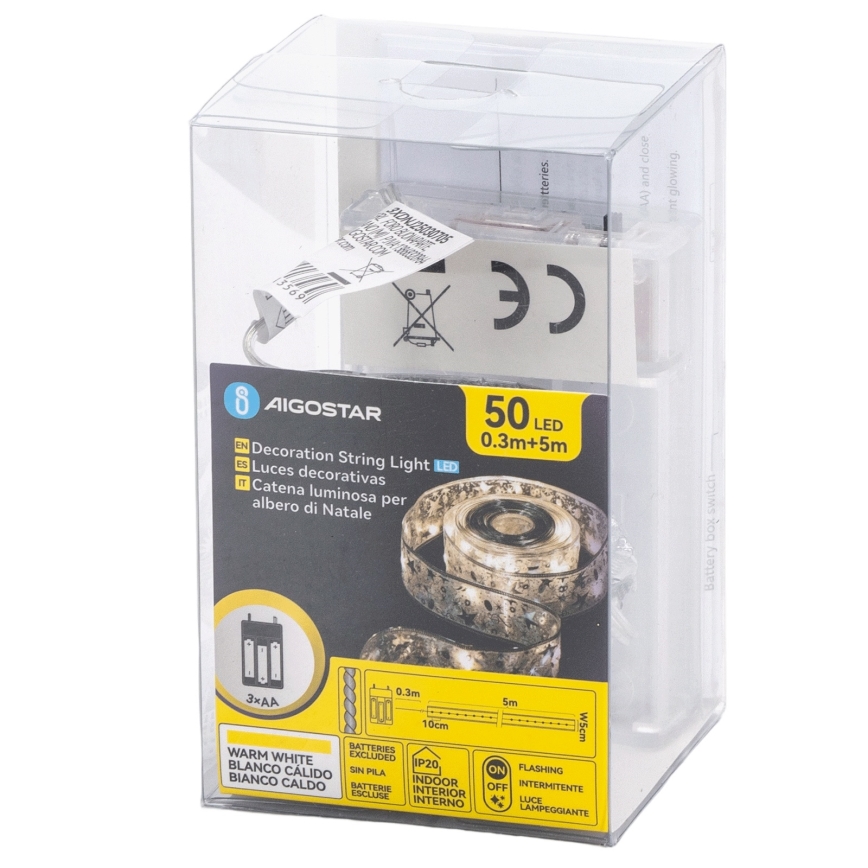Aigostar — світлодіодна гірлянда, 50 світлодіодів, живлення 3×AA, 5 м, тепле біле світло, срібляста
