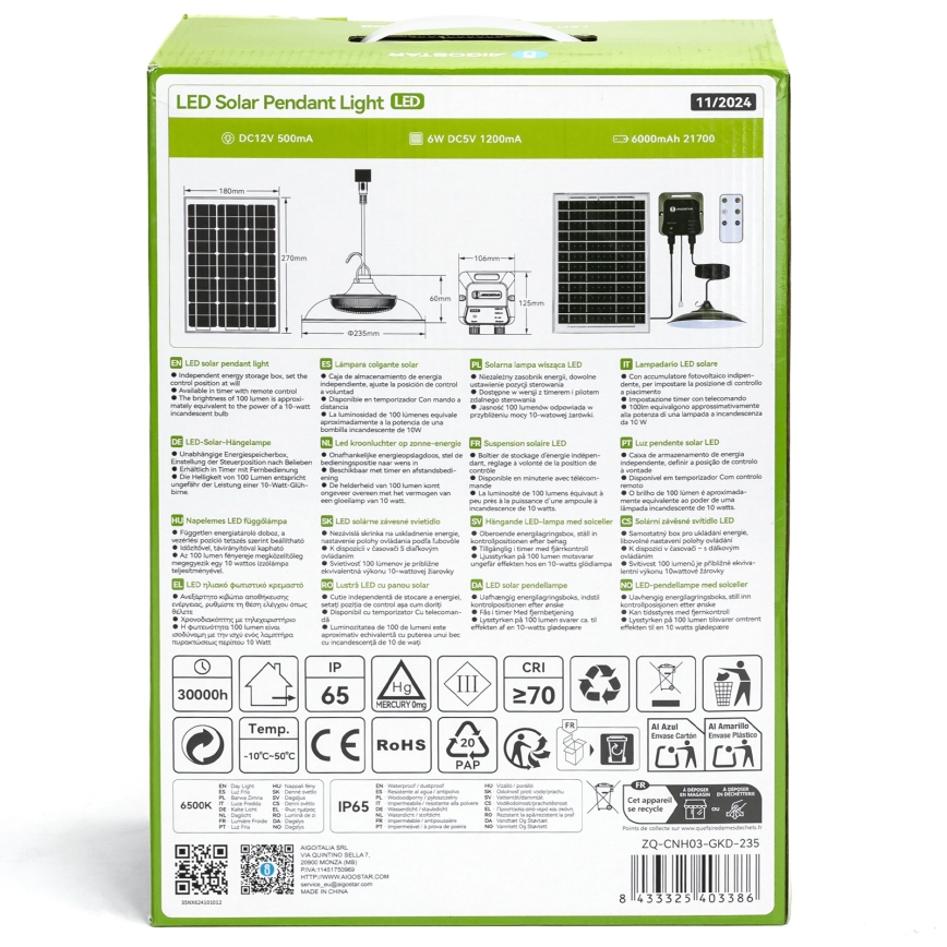 Aigostar - Світлодіодна люстра на сонячній батареї LED/70W/12V 6000 mAh 6500K діаметр 23,5 см + пульт дистанційного керування