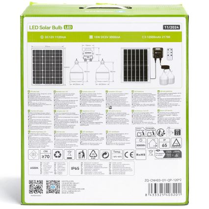 Aigostar - Світлодіодна люстра на сонячній батареї з датчиком 2xLED/70W/12V 12000 mAh 6500K діаметр 12 см + пульт дистанційного керування