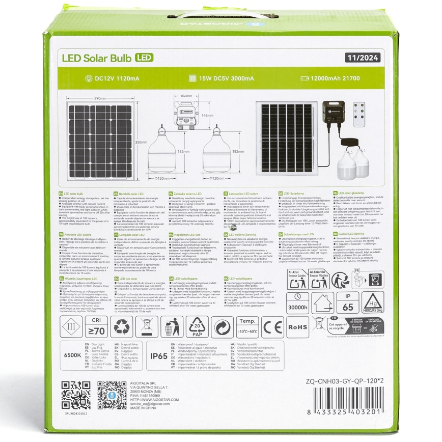 Aigostar - Світлодіодна люстра на сонячній батареї з датчиком 2xLED/70W/12V 12000 mAh 6500K діаметр 12 см + пульт дистанційного керування