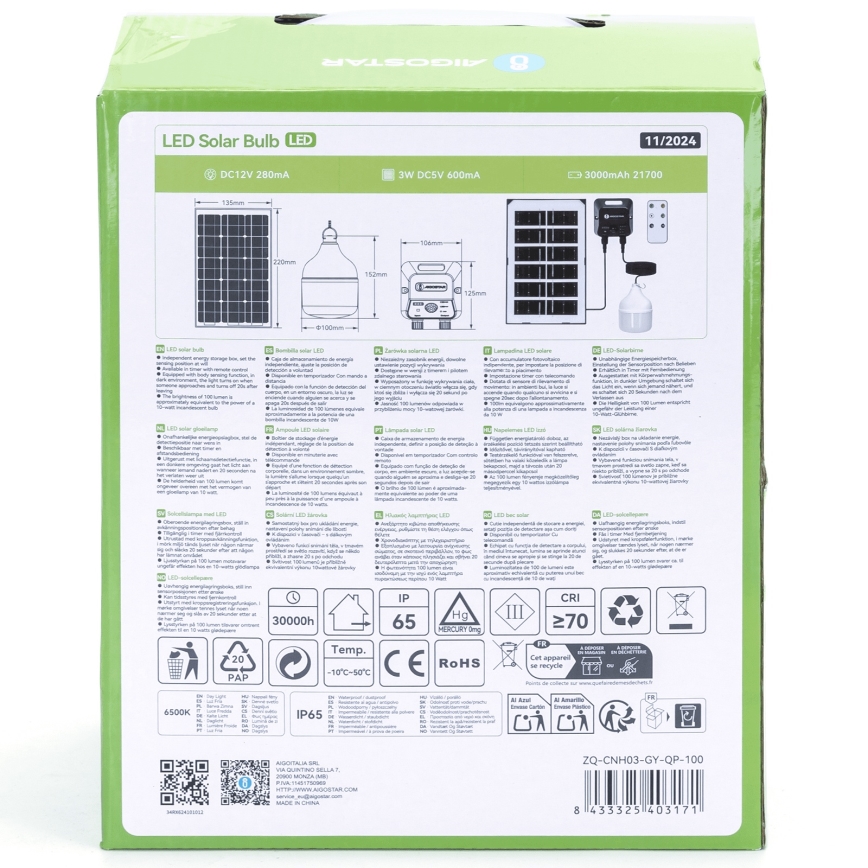 Aigostar - Світлодіодна люстра на сонячній батареї з датчиком LED/35W/12V 3000 mAh 6500K діаметр 10 см + пульт дистанційного керування