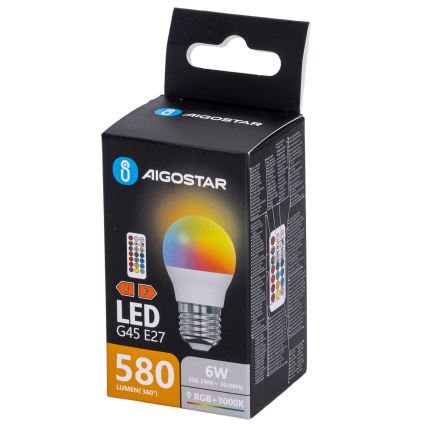 Aigostar - Світлодіодна лампа LED RGBW із регульованою яскравістю G45 E27/6W/230V 3000K + пульт дистанційного керування