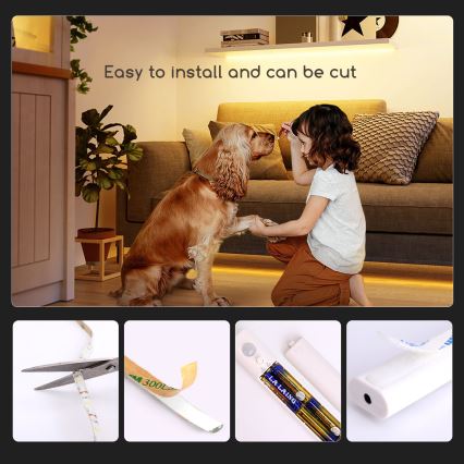 Aigostar - Світлодіодна стрічка з регулюванням яскравості з датчиком 1м LED/2W/4xAAA 3000K IP65