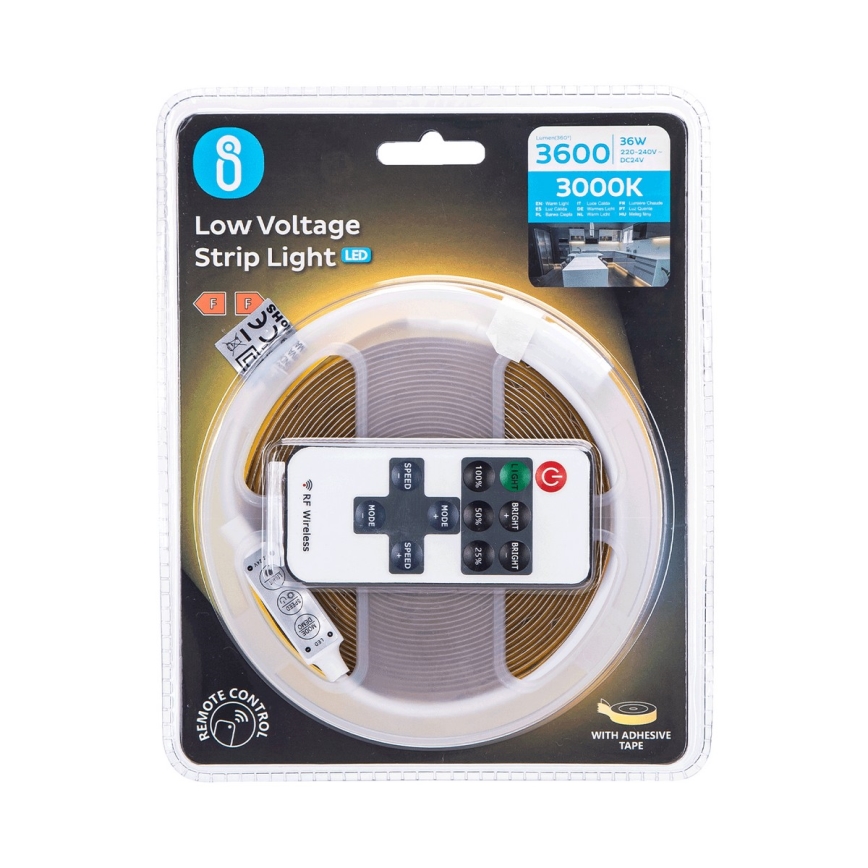 Aigostar - Світлодіодна стрічка з регулюванням яскравості 5м LED/36W/24/230V 3000K + пульт дистанційного керування
