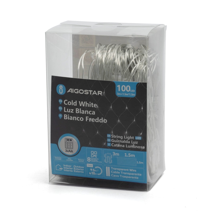 Aigostar - Світлодіодна вулична різдвяна гірлянда 100xLED/8 функцій/3xAA 4,5x1,5м IP44 холодний білий