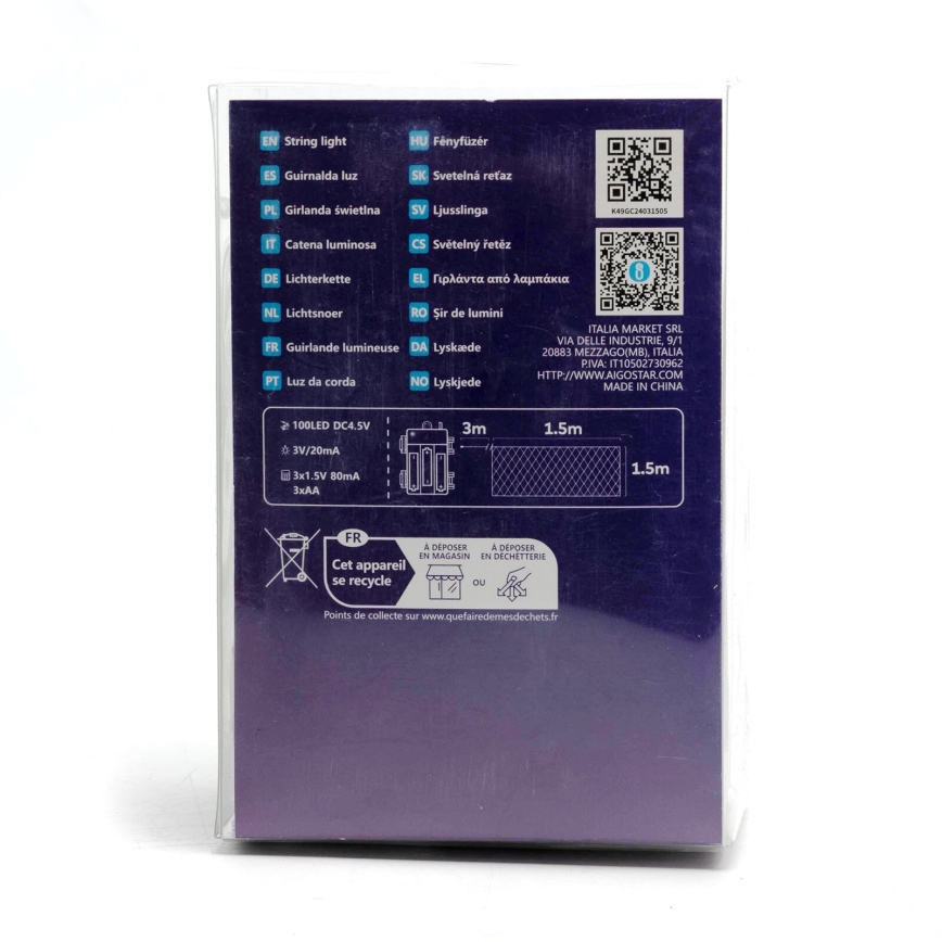 Aigostar - Світлодіодна вулична різдвяна гірлянда 100xLED/8 функцій/3xAA 4,5x1,5м IP44 холодний білий