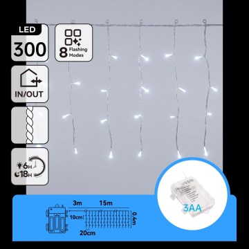 Aigostar - Світлодіодна вулична різдвяна гірлянда 300xLED/8 функцій 3xAA 18x0,4m IP44 холодний білий