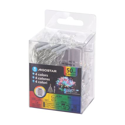 Aigostar - Світлодіодна вулична різдвяна гірлянда 50xLED/8 функцій 3xAA 5,3м IP44 різнокольорова