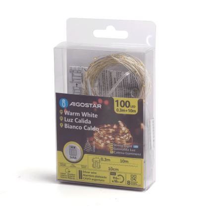 Aigostar -Світлодіодна вулична різдвяна гірлянда 100xLED/8 функцій 3xAA 10,3м IP44 теплий білий