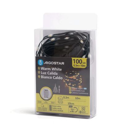Aigostar - Світлодіодна вулична різдвяна гірлянда 100xLED/8 функцій 3xAA 10,3м IP44 теплий білий