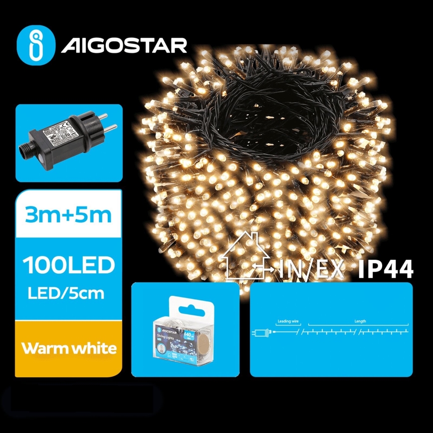 Aigostar - Світлодіодна вулична різдвяна гірлянда 100xLED/8 функцій 8м IP44 теплий білий