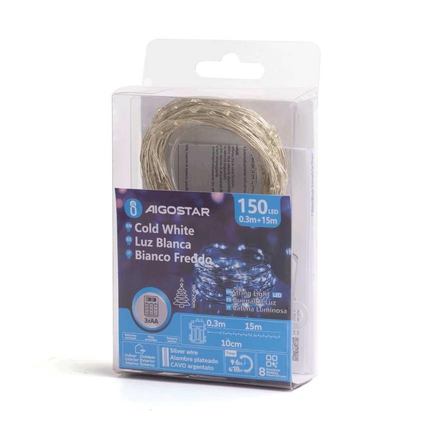 Aigostar - Світлодіодна вулична різдвяна гірлянда 150xLED/8 функцій 15,3м IP44 холодний білий