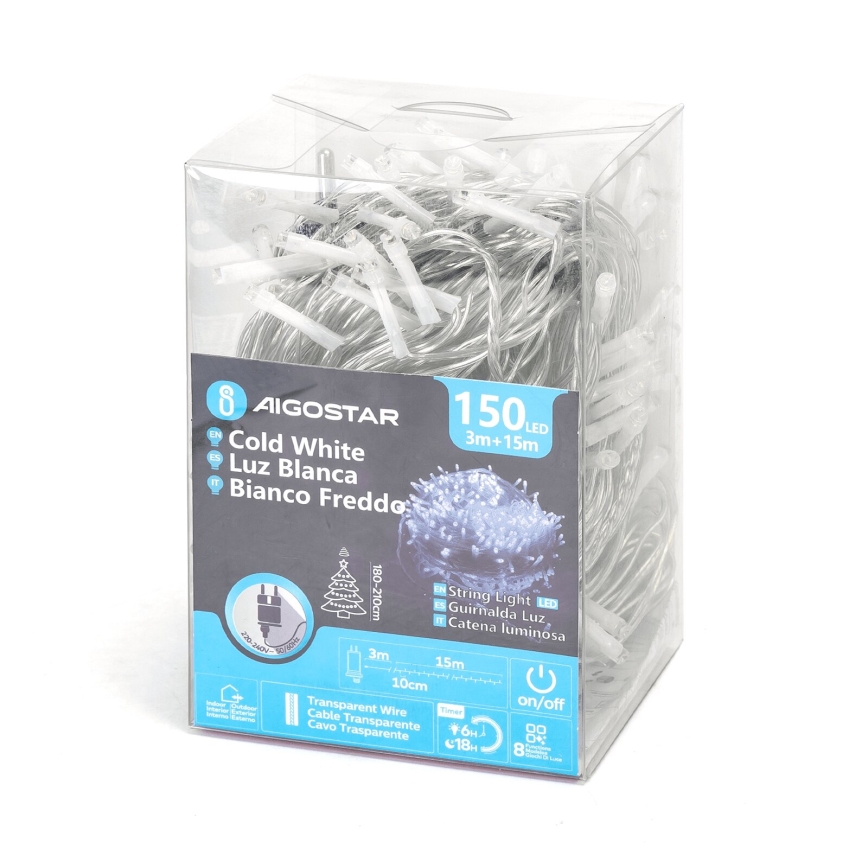 Aigostar - Світлодіодна вулична різдвяна гірлянда 150xLED/8 функцій 18м IP44 холодний білий