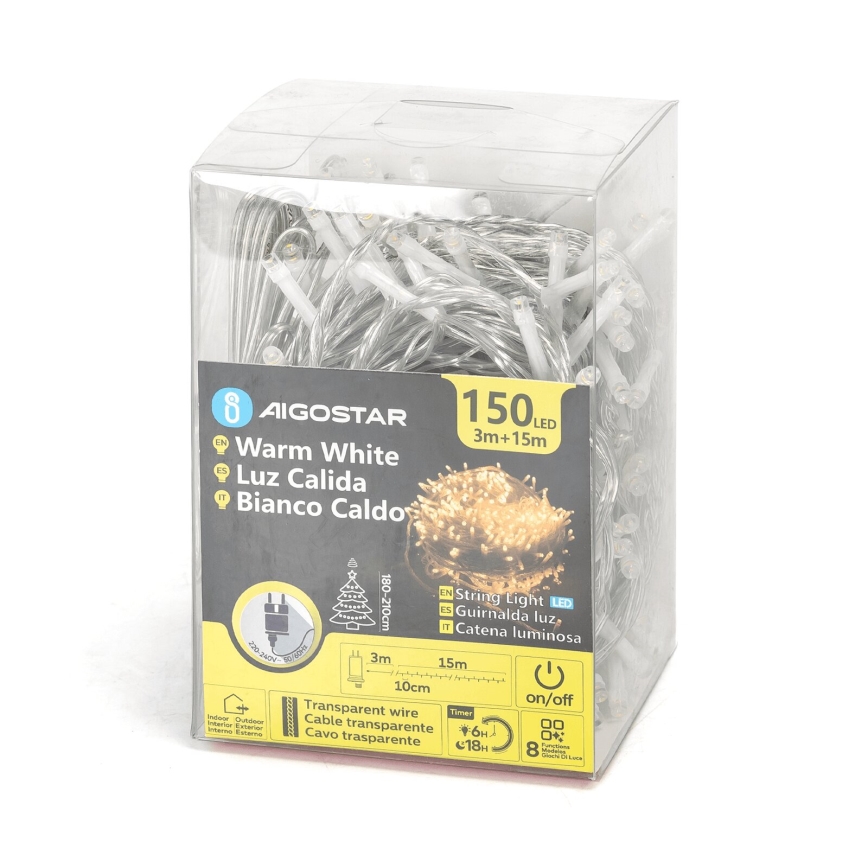 Aigostar - Світлодіодна вулична різдвяна гірлянда 150xLED/8 функцій 18м IP44 теплий білий