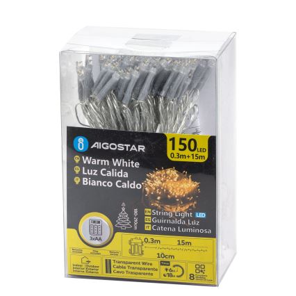 Aigostar -Світлодіодна вулична різдвяна гірлянда 150xLED/8 функцій 3xAA 15,3м IP44 теплий білий