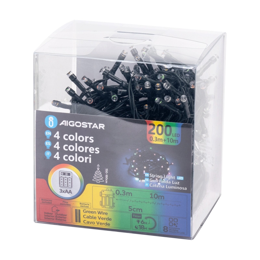 Aigostar -Світлодіодна вулична різдвяна гірлянда 200xLED/8 функцій 3xAA 10,3м IP44 кольоровий