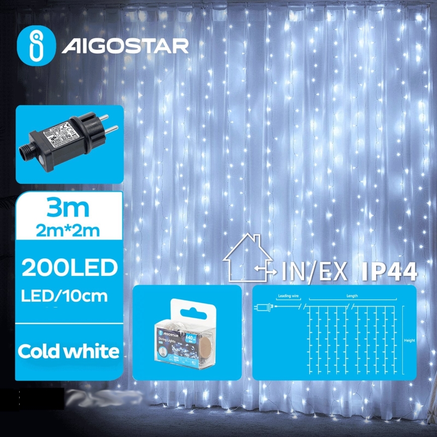 Aigostar - Світлодіодна вулична різдвяна гірлянда 200xLED/8 функцій 5x2м IP44 холодний білий