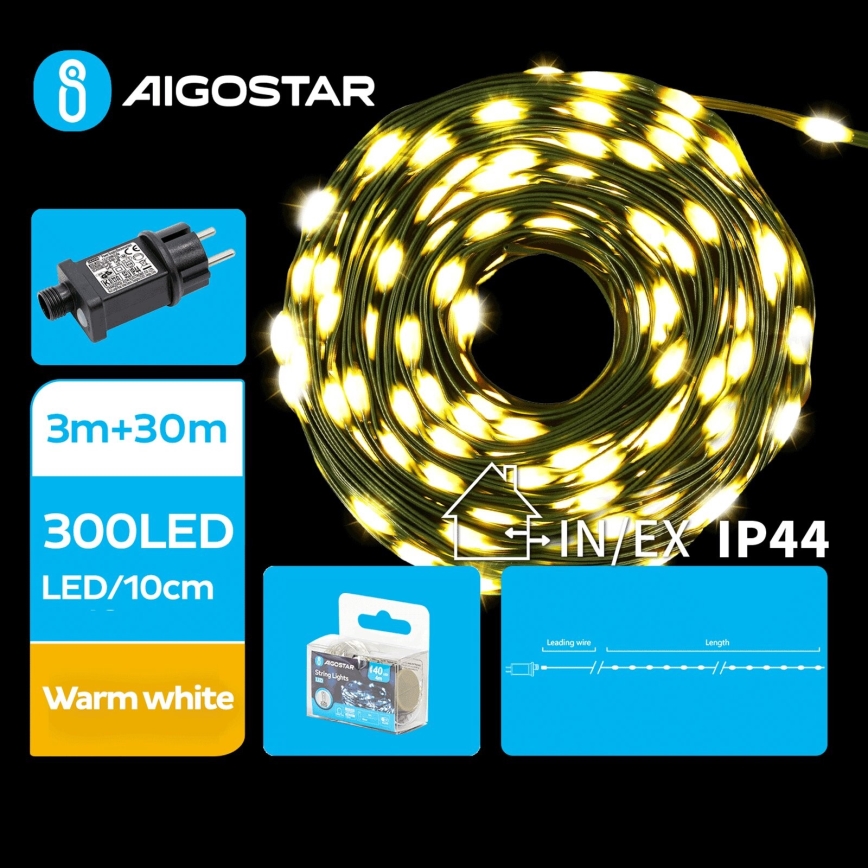 Aigostar - Світлодіодна вулична різдвяна гірлянда 300xLED/8 функцій 33m IP44 теплий білий