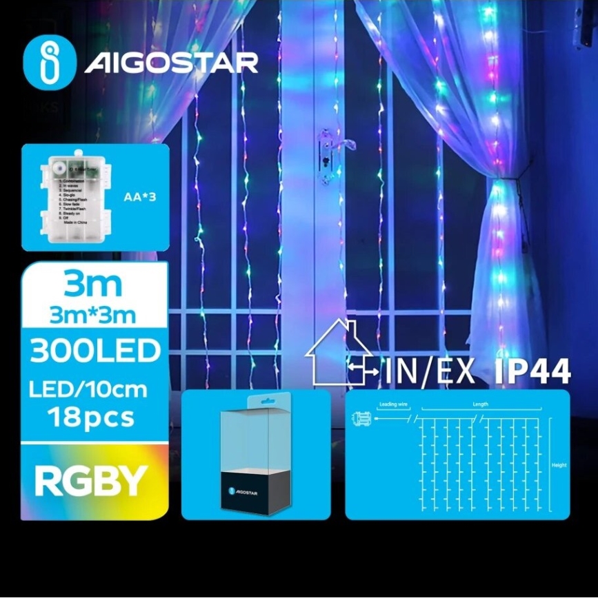 Aigostar - Світлодіодна вулична різдвяна гірлянда 300xLED/8 функцій 3xAA 6x3м IP44 кольоровий