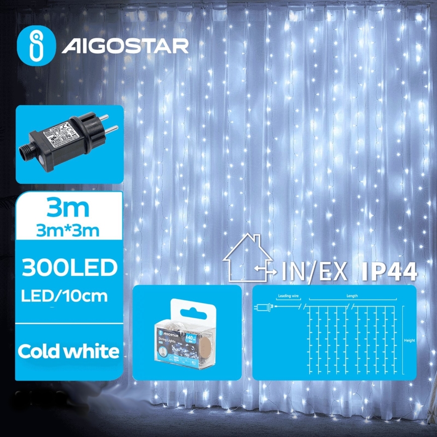 Aigostar - Світлодіодна вулична різдвяна гірлянда 300xLED/8 функцій 6x3м IP44 холодний білий