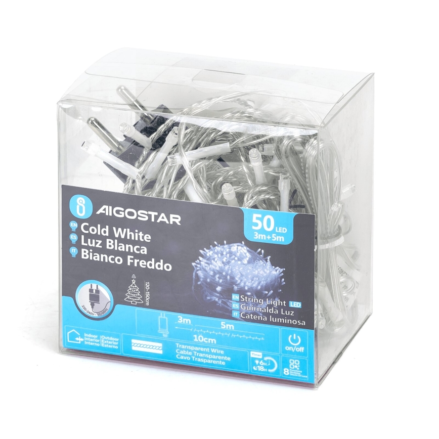 Aigostar - Світлодіодна вулична різдвяна гірлянда 50xLED/8 функцій 8м IP44 холодний білий