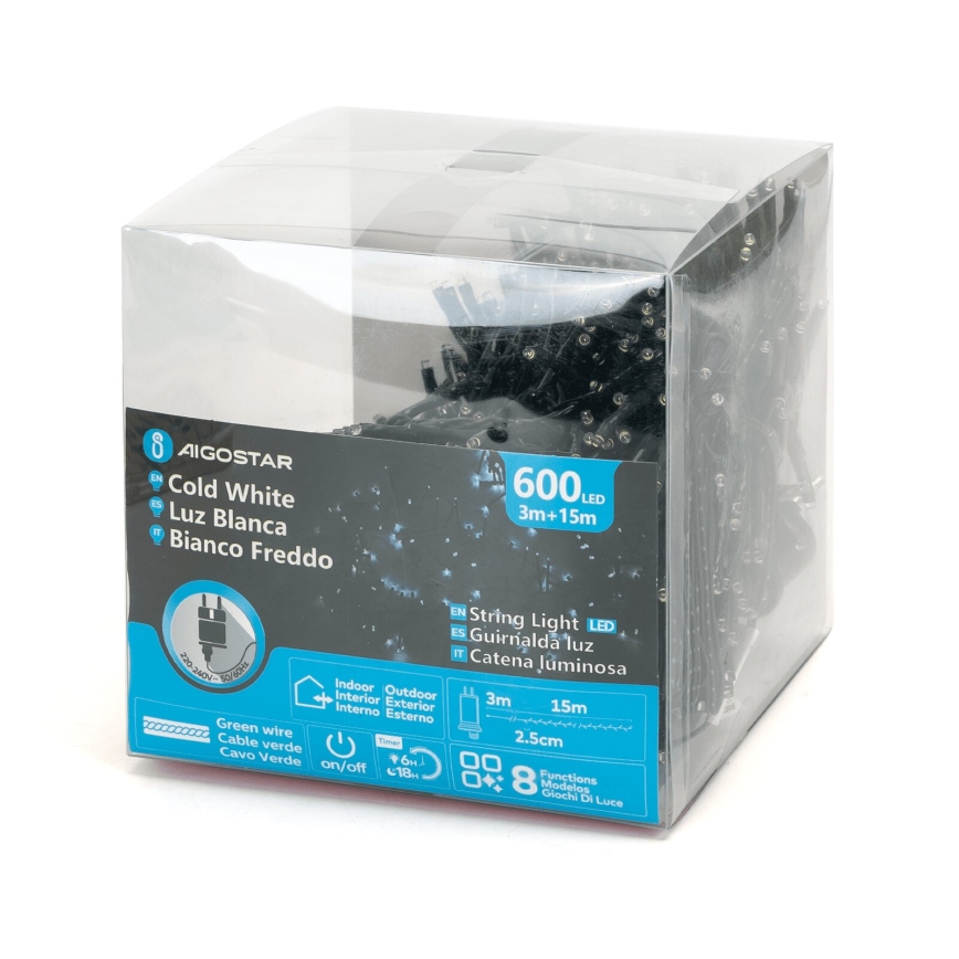 Aigostar - Світлодіодна вулична різдвяна гірлянда 600xLED/8 функцій 18м IP44 холодний білий