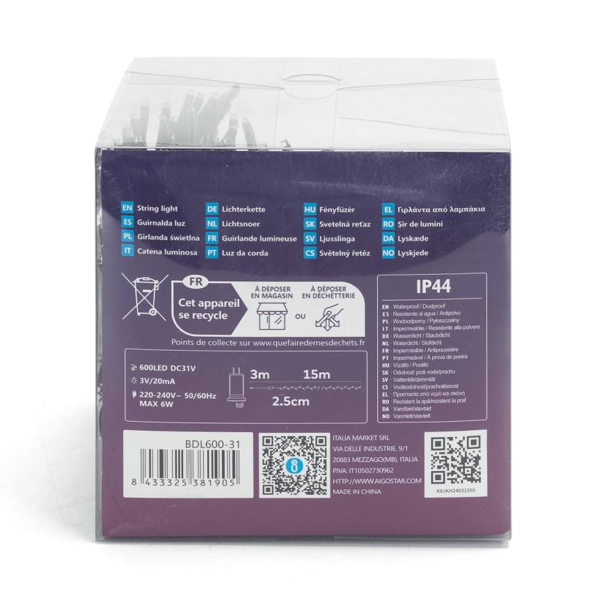 Aigostar - Світлодіодна вулична різдвяна гірлянда 600xLED/8 функцій 18м IP44 холодний білий