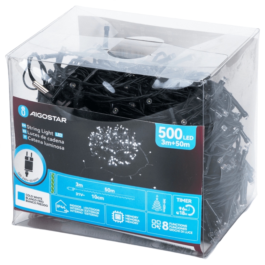 Aigostar - Зовнішня різдвяна LED-гірлянда, 500 LED/8 режимів, 50 м, IP44, холодний білий