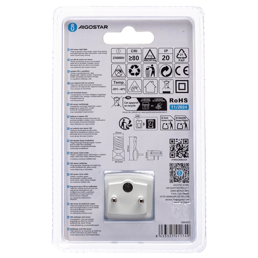 Aigostar - LED Нічник з датчиком освітленості LED/0,2W/230V 3000K