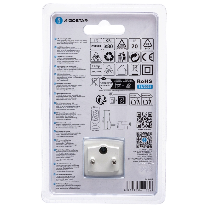 Aigostar - LED Нічник з датчиком освітленості LED/0,2W/230V 6500K