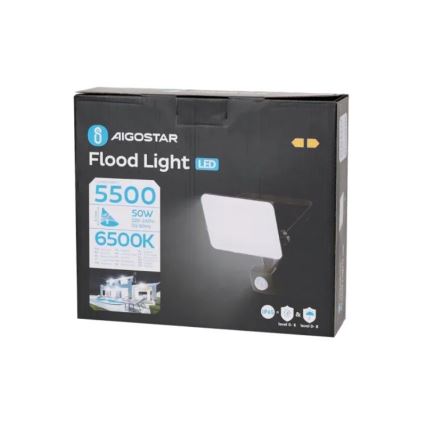 Aigostar - Світлодіодний прожектор з датчиком LED/50W/230V 6500K IP65 чорний