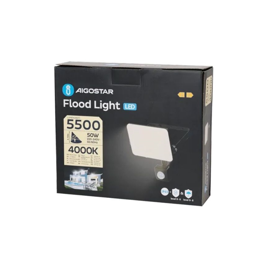 Aigostar - Світлодіодний прожектор з датчиком LED/50W/230V 4000K IP65 чорний