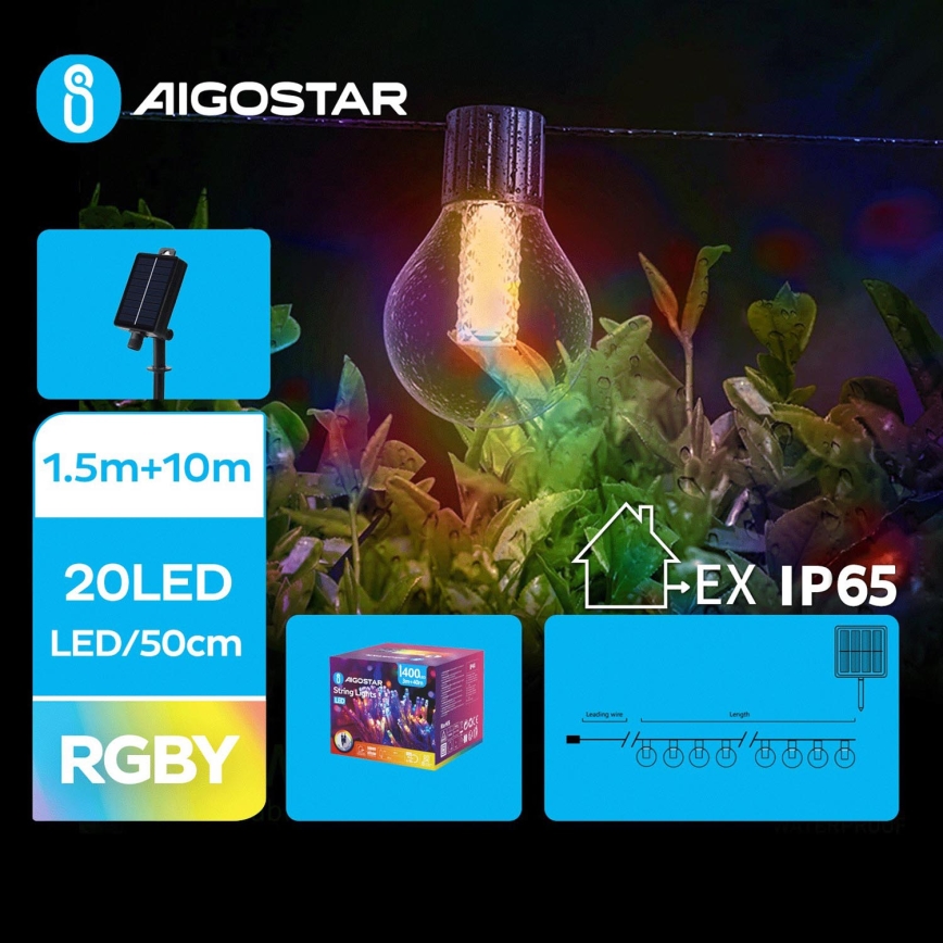 Aigostar - Світлодіодний сонячний різдвяний гірлянд 20xLED/8 функцій 11,5 м IP65 багатокольоровий