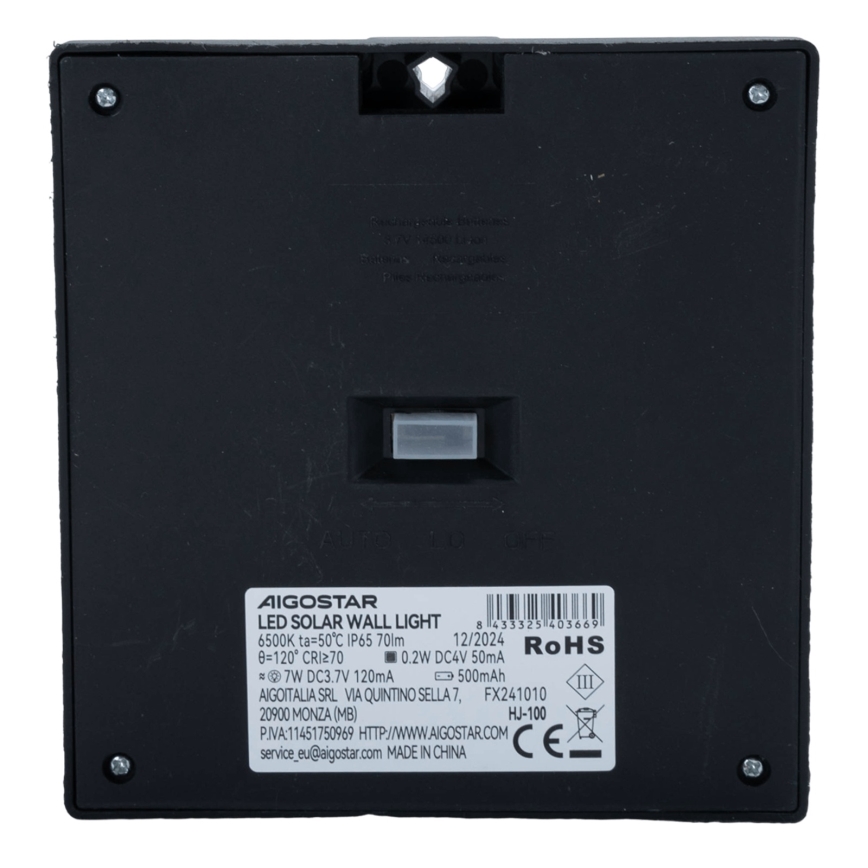 Aigostar - Світлодіодний сонячний світильник з датчиком LED/3,7V 6500K 500 mAh IP65 чорний