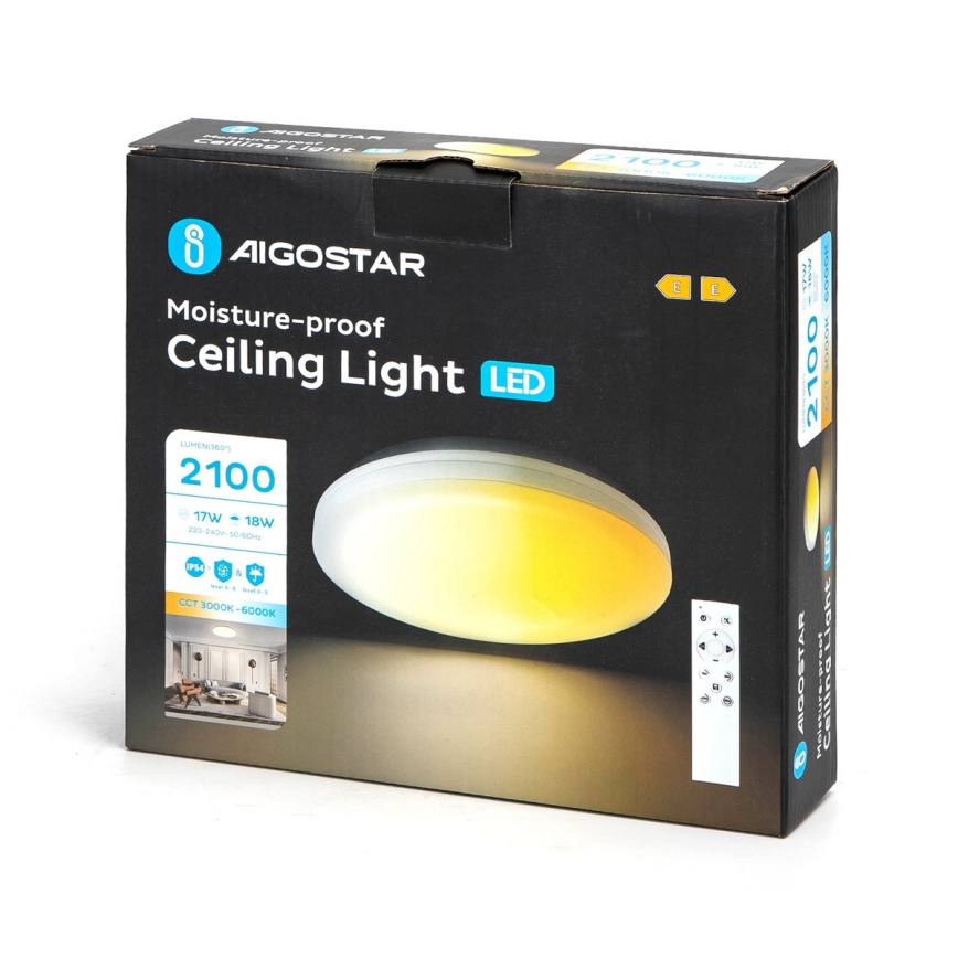 Aigostar - Стельовий LED світильник для ванної з регулюванням яскравості LED/18W/230V 3000-6000K IP54 + пульт дистанційного керування