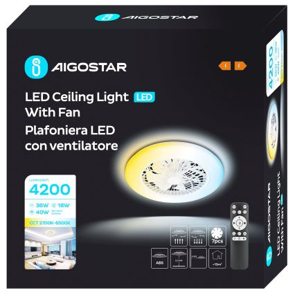 Aigostar - Світлодіодний стельовий вентилятор з регулюванням яскравості LED/40W/230V 2700-6500K діаметр 49 см + пульт дистанційного керування білий